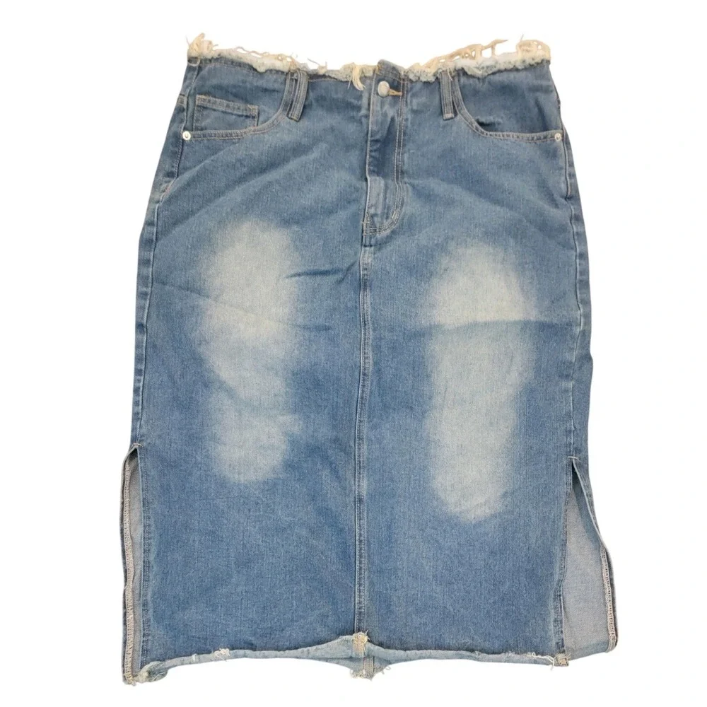 PrettyLittleThing Vintage Wash Side Split Raw Hem Denim Midi Skirt Blue Size 12